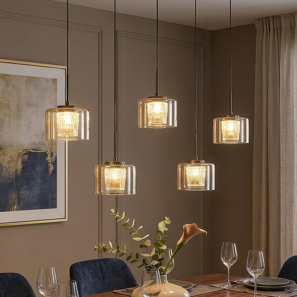 Searchlight Κρεμαστό φωτιστικό LED Tumblers, 5 λαμπτήρες, μακρύ, χάλκινο, γυαλί, 3.000 K, ρυθμιζόμενος, Μπρούτζινο / Αντικέ ορείχαλκου, Σαλόνι / τραπεζαρία, Πλαστικό