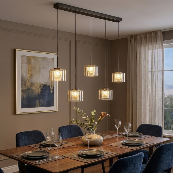 Searchlight Κρεμαστό φωτιστικό LED Tumblers, 5 λαμπτήρες, μακρύ, χάλκινο, γυαλί, 3.000 K, ρυθμιζόμενος, Μπρούτζινο / Αντικέ ορείχαλκου, Σαλόνι / τραπεζαρία, Πλαστικό