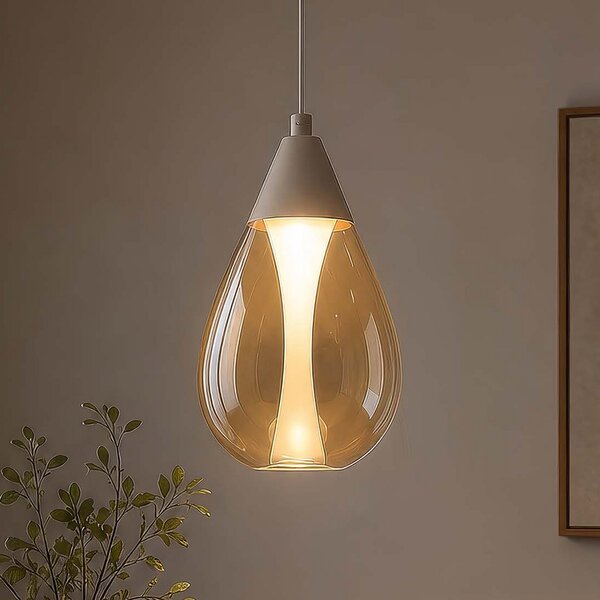 Searchlight Κρεμαστό φωτιστικό LED Pear, 1 λάμπα, μπεζ, γυαλί κεχριμπαρένιο, 3.000 K, ρυθμιζόμενος, Μπεζ, Σαλόνι / τραπεζαρία, Γυαλί, σύγχρονο