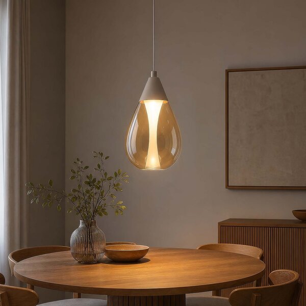 Searchlight Κρεμαστό φωτιστικό LED Pear, 1 λάμπα, μπεζ, γυαλί κεχριμπαρένιο, 3.000 K, ρυθμιζόμενος, Μπεζ, Σαλόνι / τραπεζαρία, Γυαλί, σύγχρονο