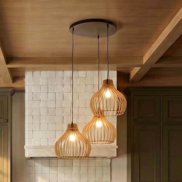 TEMAR LIGHTING Κρεμαστό φωτιστικό Barrel με ξύλινα καλύμματα, 3-φωτο, στρογγυλό, ρυθμιζόμενος, Ξύλου, Σαλόνι / τραπεζαρία, Ξύλο, Εξοχική κατοικία / Ρουστίκ
