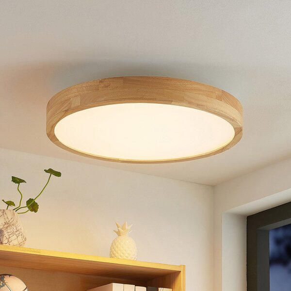 Lindby LED οροφής Lanira, Ø 50 cm, ξύλο, τηλεχειριστήριο, CCT, ρυθμιζόμενος, Ξύλου, Σαλόνι / τραπεζαρία, Ξύλο, σύγχρονο