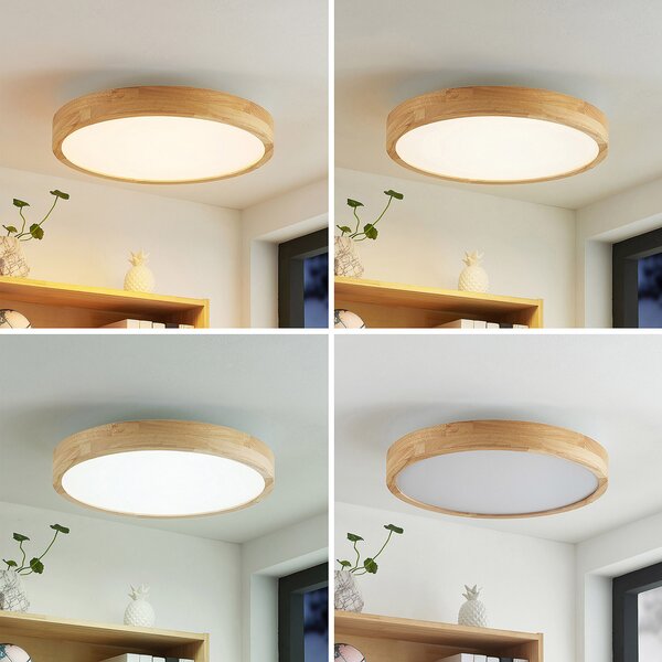 Lindby LED οροφής Lanira, Ø 50 cm, ξύλο, τηλεχειριστήριο, CCT, ρυθμιζόμενος, Ξύλου, Σαλόνι / τραπεζαρία, Ξύλο, σύγχρονο