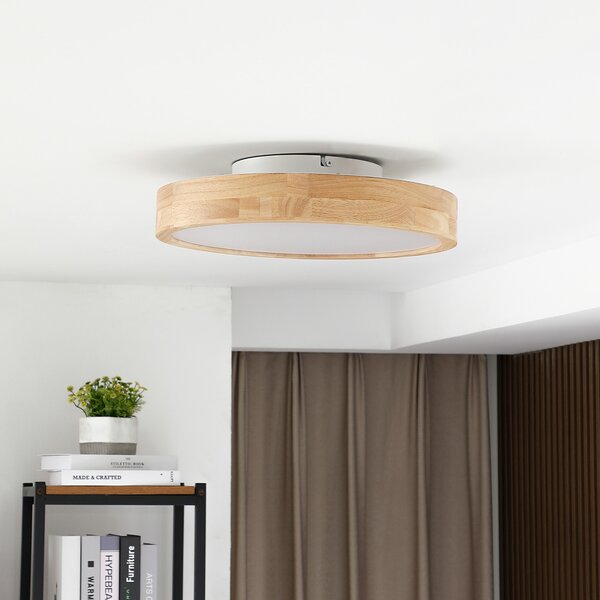 Lindby LED οροφής Milada, δρυς, CCT, τηλεχειριστήριο, ρυθμιζόμενος, Ξύλου, Σαλόνι / τραπεζαρία, Ξύλο, σύγχρονο