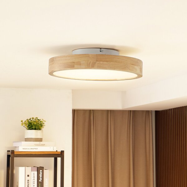 Lindby LED οροφής Milada, δρυς, CCT, τηλεχειριστήριο, ρυθμιζόμενος, Ξύλου, Σαλόνι / τραπεζαρία, Ξύλο, σύγχρονο