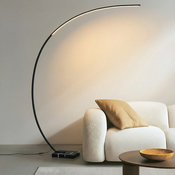 Lindby LED τοξωτό φωτιστικό δαπέδου Kendra, μαύρο, αλουμίνιο, ύψος 180cm, ρυθμιζόμενος, Μαύρο, Σαλόνι / τραπεζαρία, Μέταλλο, σύγχρονο