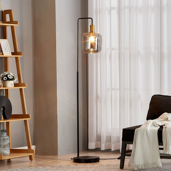 Lindby φωτιστικό δαπέδου Nimbora, 150 cm, μαύρο, γυαλί, μέταλλο, Μαύρο, Σαλόνι / τραπεζαρία, Μέταλλο, σύγχρονο