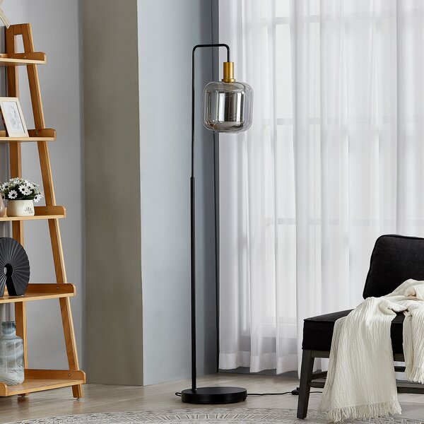 Lindby φωτιστικό δαπέδου Nimbora, 150 cm, μαύρο, γυαλί, μέταλλο, Μαύρο, Σαλόνι / τραπεζαρία, Μέταλλο, σύγχρονο