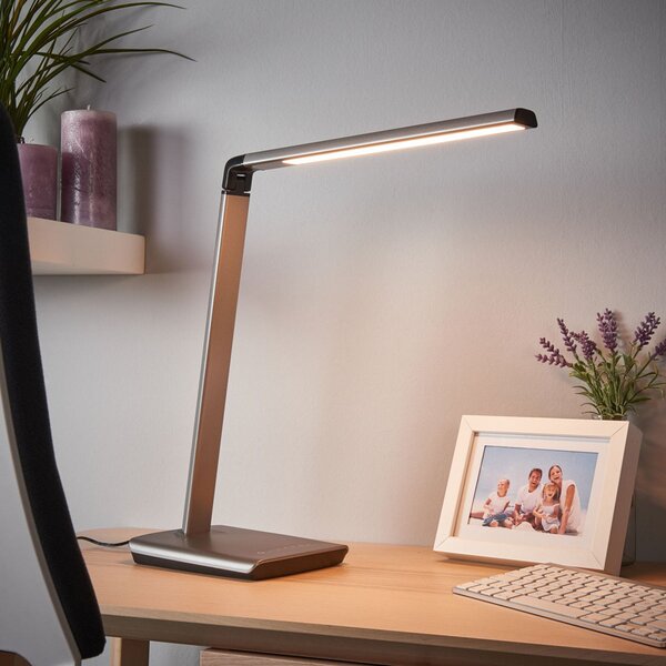 Lindby LED φωτιστικό γραφείου Kuno, γκρι, USB, dimmer αφής, ρυθμιζόμενος, Γκρι, Μελέτη / Γραφείο, Πλαστικό, σύγχρονο