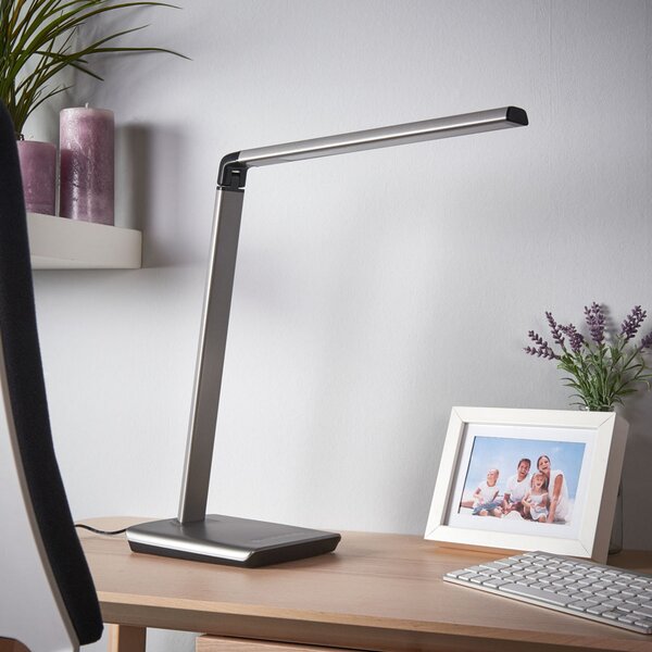 Lindby LED φωτιστικό γραφείου Kuno, γκρι, USB, dimmer αφής, ρυθμιζόμενος, Γκρι, Μελέτη / Γραφείο, Πλαστικό, σύγχρονο