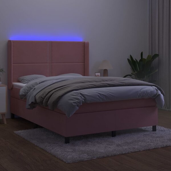 VidaXL Κρεβάτι Boxspring με Στρώμα & LED Ροζ 140x190 εκ. Βελούδινο