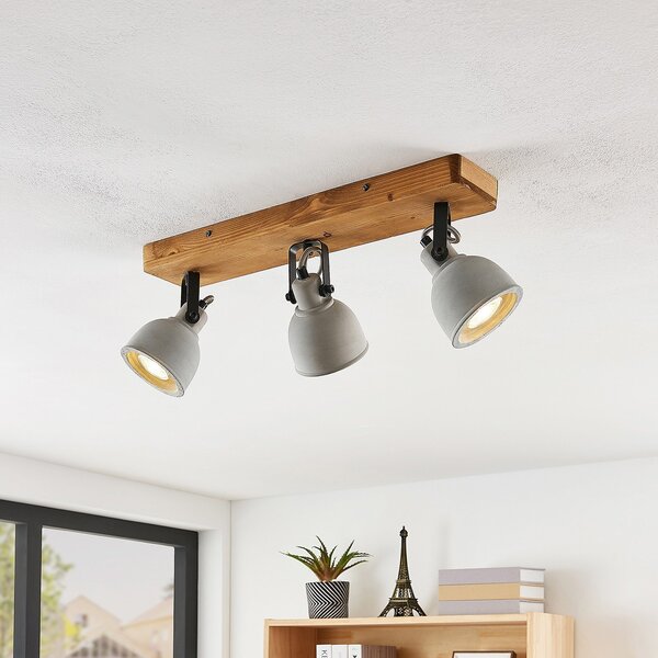 Lindby Spot Mitis, 50 cm, 3-φωτο, γκρι, ξύλο, μπετόν, GU10, ρυθμιζόμενος, Γκρι, Σαλόνι / τραπεζαρία, Σκυρόδεμα, Βιομηχανικός σχεδιασμός