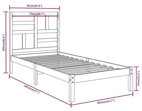 VidaXL Πλαίσιο Κρεβατιού 75 x 190 εκ. από Μασίφ Ξύλο Small Single