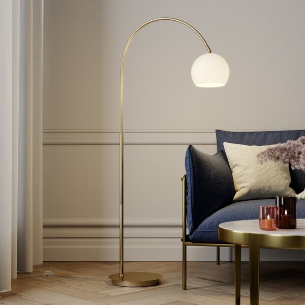 Lindby Λάμπα καμπύλη Cynthia, χρώμα ορείχαλκου, γυαλί, 140 cm, E27, Χρυσό / Ορείχαλκου, Σαλόνι / τραπεζαρία, Γυαλί, σύγχρονο