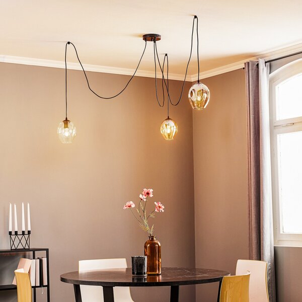 EMIBIG LIGHTING Κρεμαστή λάμπα Starla, γυαλί γραφίτη/κεχριμπαρέ, 3 φτερά, αποκεντρωμένη, ρυθμιζόμενος, Μαύρο, Σαλόνι / τραπεζαρία, Γυαλί, σύγχρονο