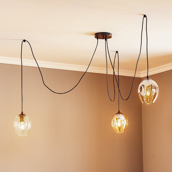 EMIBIG LIGHTING Κρεμαστή λάμπα Starla, γυαλί γραφίτη/κεχριμπαρέ, 3 φτερά, αποκεντρωμένη, ρυθμιζόμενος, Μαύρο, Σαλόνι / τραπεζαρία, Γυαλί, σύγχρονο