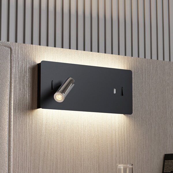Lucande LED φωτιστικό τοίχου Kimo, 32 cm, μαύρο, αλουμίνιο, USB, Μαύρο, Σαλόνι / τραπεζαρία, Μέταλλο, σύγχρονο