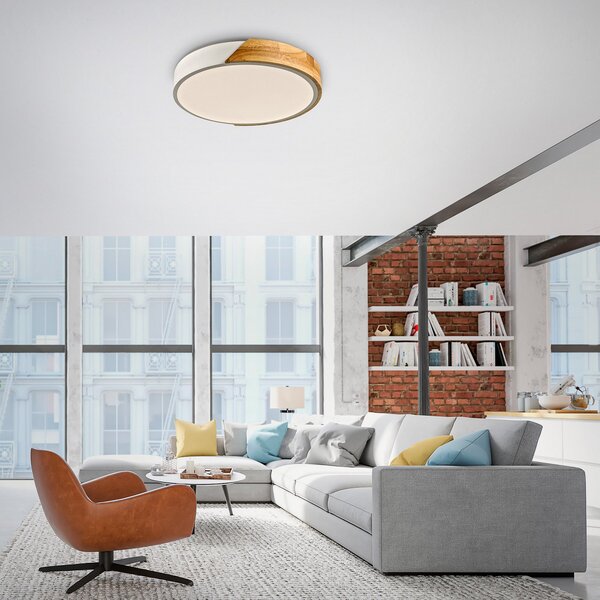 JUST LIGHT. GmbH Φωτιστικό οροφής Bila LED, λευκό, Ø 32 cm, ξύλο, Ξύλου, Σαλόνι / τραπεζαρία, Ξύλο