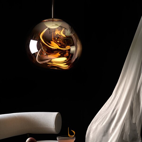 Tom Dixon LED κρεμαστή λάμπα Melt Mini, Ø 28 cm, χρυσό, ρυθμιζόμενος, Χρυσό / Ορείχαλκου, Σαλόνι / τραπεζαρία, Πλαστικό, σχεδιασμός