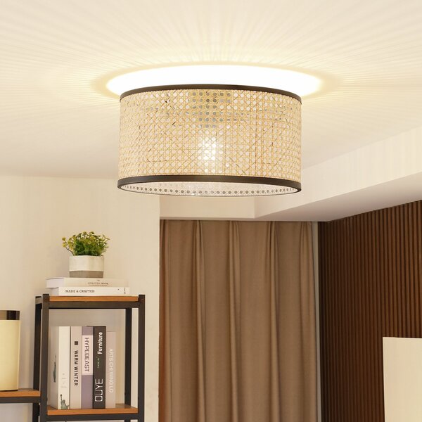 Lindby Φωτιστικό οροφής Yaelle, Ø 40 cm, ρατάν, μαύρο, E27, ρυθμιζόμενος, Ξύλου, Σαλόνι / τραπεζαρία, Ξύλο, Εξοχική κατοικία / Ρουστίκ