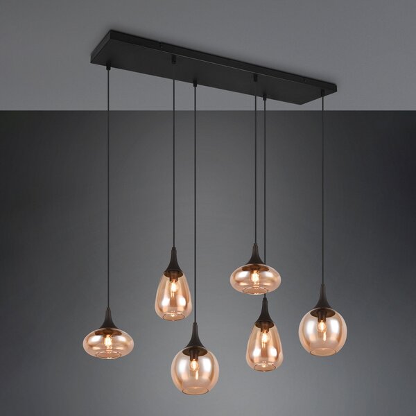 Trio Lighting Lumina κρεμαστό φωτιστικό, 6-φωτο, μαύρο/αμπερ, γυαλί, ρυθμιζόμενος, Σαλόνι / τραπεζαρία, Γυαλί, σύγχρονο