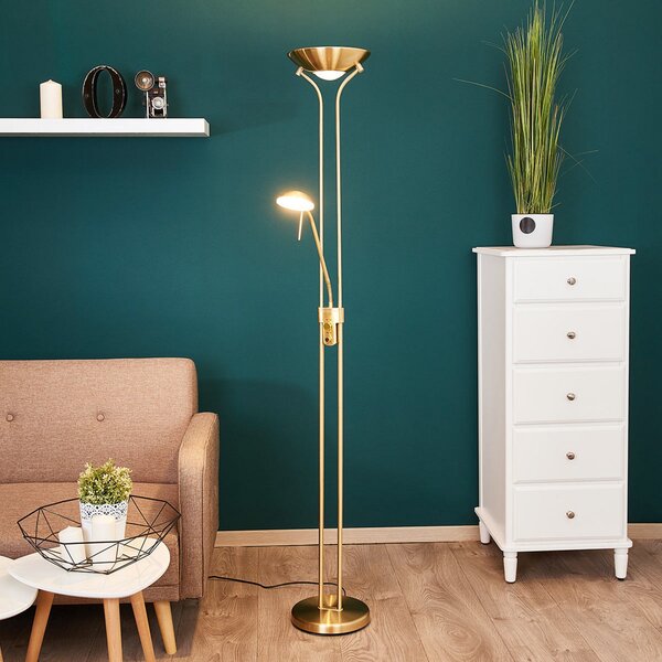 Lindby LED φωτιστικό δαπέδου Josefin, ορειχάλκινο, φως ανάγνωσης, με δυνατότητα, ρυθμιζόμενος, Χρυσό / Ορείχαλκου, Σαλόνι / τραπεζαρία, Μέταλλο, σύγχρονο, Φως ανάγνωσης