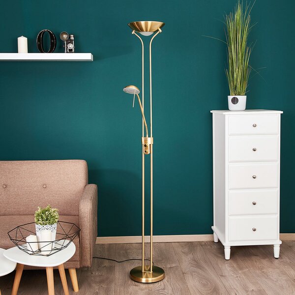 Lindby LED φωτιστικό δαπέδου Josefin, ορειχάλκινο, φως ανάγνωσης, με δυνατότητα, ρυθμιζόμενος, Χρυσό / Ορείχαλκου, Σαλόνι / τραπεζαρία, Μέταλλο, σύγχρονο, Φως ανάγνωσης