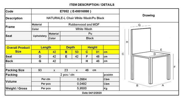 NATURALE Καρέκλα White Wash, Pu Μαύρο - 42x50x91cm