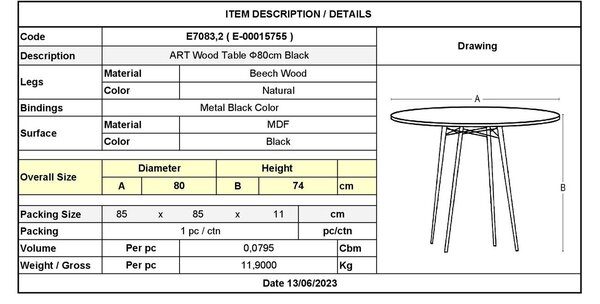 ART Wood Τραπέζι, Πόδια Οξιά Φυσικό, Επιφάνεια MDF Μαύρο - Φ80cm H.74cm