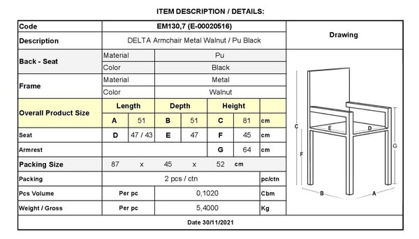 DELTA Πολυθρόνα Μέταλλο Βαφή Καρυδί, Pu Μαύρο - 51x51x81cm