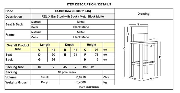 RELIX Σκαμπό Bar με Πλάτη, Μέταλλο Βαφή Μαύρο Εxtra Matte - 44x44x76/94cm