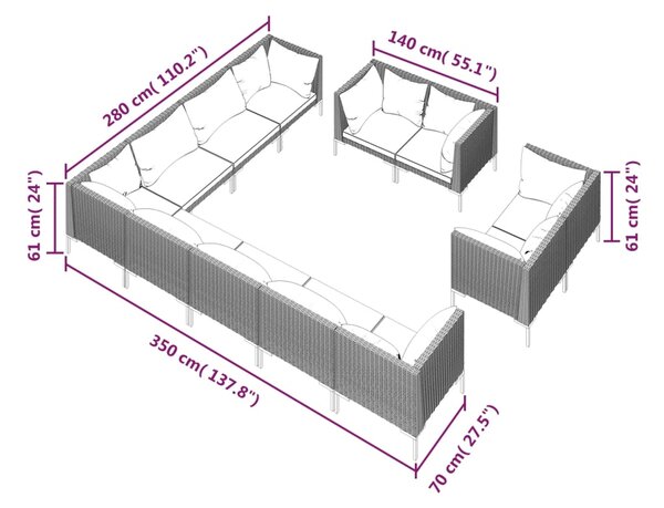 VidaXL Σαλόνι Κήπου 12 τεμ. Σκούρο Γκρι Συνθετ. Ρατάν με Μαξιλάρια
