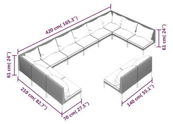VidaXL Σαλόνι Κήπου 12 τεμ. Σκούρο Γκρι Συνθετ. Ρατάν με Μαξιλάρια