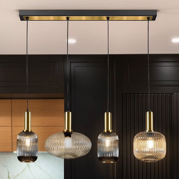 Schuller Valencia Φωτιστικό κρεμαστό Norma, 98 cm, 4-φωτο, μαύρο/ορείχαλκο, γυαλί, ρυθμιζόμενος, Πολύχρωμο, Σαλόνι / τραπεζαρία, Μέταλλο