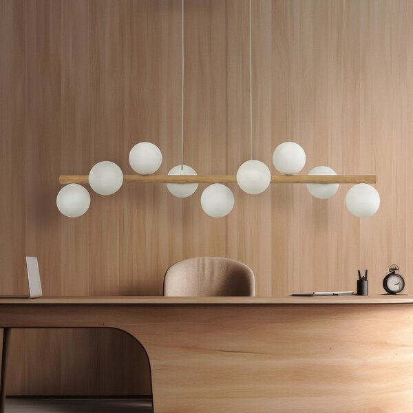 TK Lighting Estera κρεμαστό φωτιστικό, οπαλίσιο γυαλί, ξύλο, εννέα φώτα, ρυθμιζόμενος, Ξύλου, Σαλόνι / τραπεζαρία, Γυαλί, Σφαίρα
