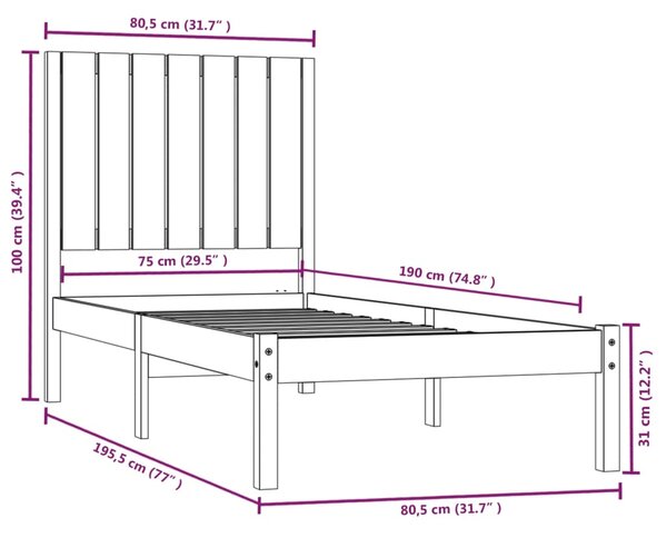VidaXL Πλαίσιο Κρεβατιού Λευκό 75x190 εκ. Μασίφ Ξύλο Small Single
