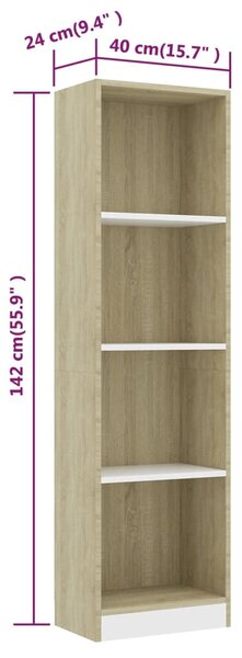 VidaXL Βιβλιοθήκη με 4 Ράφια Λευκό/Sonoma 40x24x142 εκ. Επεξ. Ξύλο