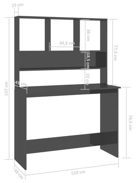 VidaXL Γραφείο με Ράφια Γυαλιστερό Μαύρο 110x45x157 εκ. Μοριοσανίδα