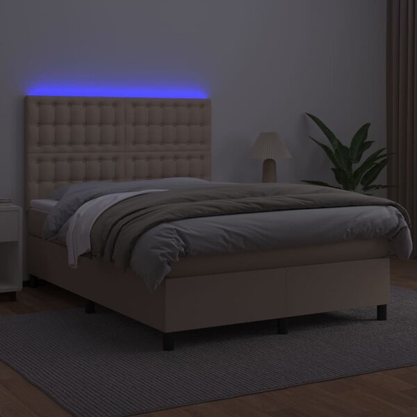 VidaXL Κρεβάτι Boxspring Στρώμα&LED Καπουτσίνο 140x200 εκ. Συνθ. Δέρμα