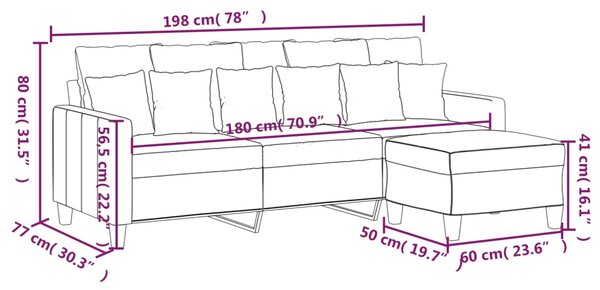 VidaXL Καναπές Τριθέσιος Μπορντό 180 εκ. Υφασμάτινος με Υποπόδιο