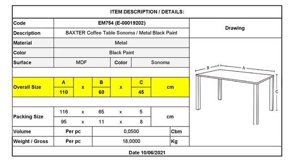 Τραπέζι Σαλονιού 110x60cm BAXTER Sonoma/Βαφή Μαύρη