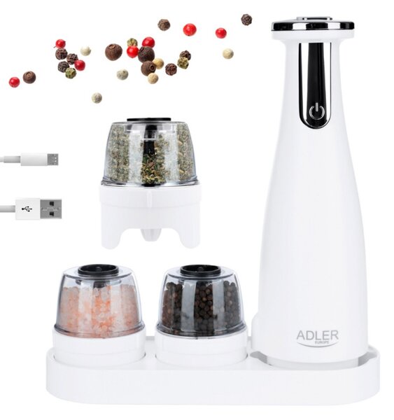 Ηλεκτρικός Μύλος Μπαχαρικών Adler AD 4449W, 3 τμχ, 150 ml, USB, μπαταρία Li-Ion 1500mAh, Κεραμικές λεπίδες, Λευκό