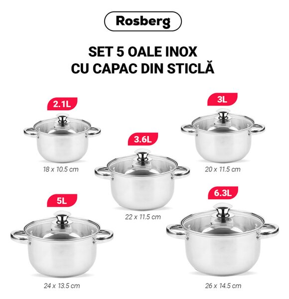 Σετ κατσαρόλες Rosberg R51210O10, 10 τεμάχια, 2.1-6.3 l, Ανοξείδωτο ατσάλι, Inox