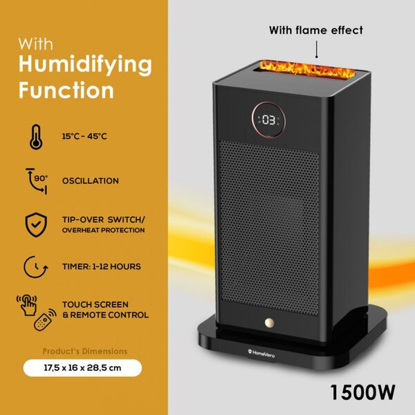 Θερμάστρα Heater 2in1 HomeVero HV-SFH1500, 1500 W, Λειτουργία ύγρανσης, 3D φλόγα, τηλεχειριστήριο, χρονοδιακόπτης, ταλάντωση, 15-45 C, μαύρο