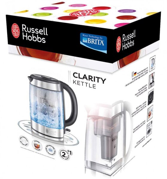 Γυάλινος ηλεκτρικός βραστήρας με φίλτρο Russell Hobbs Clarity 20760-57, 2200W, 1L, Φωτιζόμενος, Κρυφός θερμαντήρας, SCHOTT DURAN, Ανοξείδωτο