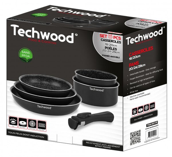 Σετ κατσαρολών Techwood TSA-6611P, 6 τεμαχίων, αποσπώμενη λαβή, αντικολλητική επίστρωση, χωρίς PFOA, επαγωγικό, μαύρο