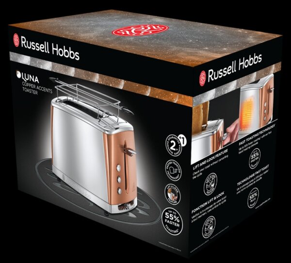 Τοστιέρα Russell Hobbs Luna 24290-56, 1550W, 2 φέτες, Υψηλή ανύψωση, Φαρδιά ανοίγματα, Απόψυξη, Χάλκινο/Inox