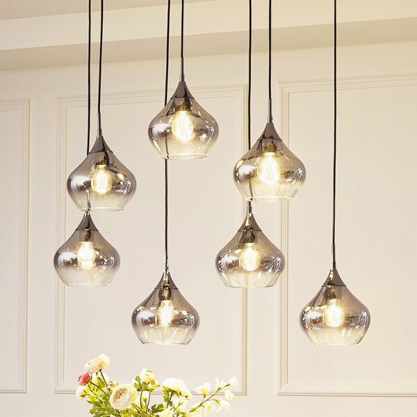 Lucande Jarven κρεμαστό φωτιστικό, 7-light, μαύρο, γυαλί, ρυθμιζόμενος, Γκρι, Σαλόνι / τραπεζαρία, Γυαλί, σύγχρονο