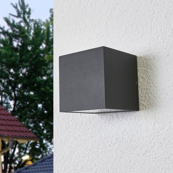 Lucande Εξωτερικό φωτιστικό τοίχου LED Merjem, 12 cm, κάτω, IP54, Γκρι, Αλουμίνιο, σύγχρονο