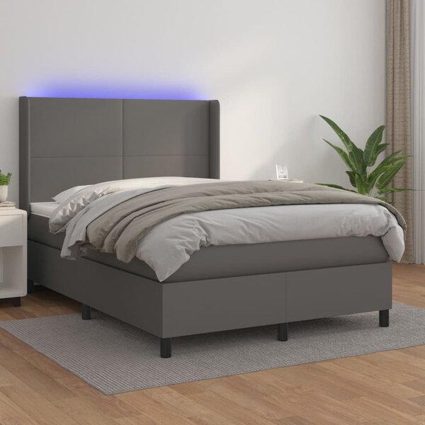 VidaXL Κρεβάτι Boxspring με Στρώμα & LED Γκρι 140x200 εκ. Συνθ. Δέρμα